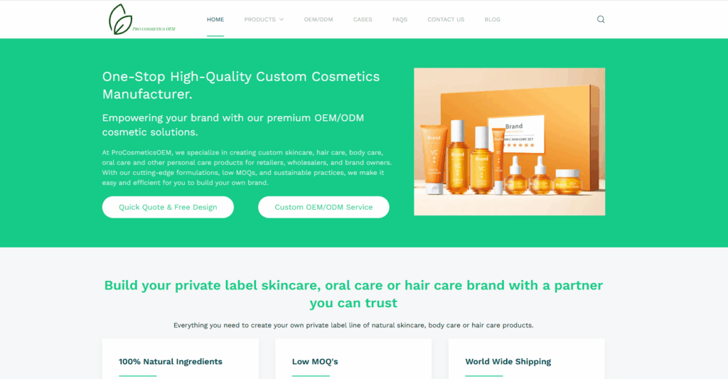 ProCosmeticsOEM is a U.S.-based private label skincare manufacturer offering custom formulation, low MOQs, and full branding support. With GMP-certified production, sustainable manufacturing practices, and global shipping, they provide high-quality, market-ready face care solutions for emerging and established beauty brands.