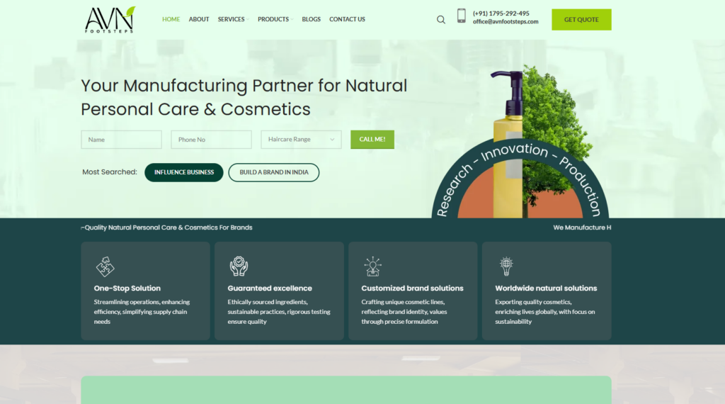 AVN Footsteps, an India-based private label skincare manufacturer, provides custom formulation, flexible MOQs, and full-service private label solutions. With a focus on natural ingredients, sustainability, and global regulatory compliance, they help brands develop high-quality, eco-conscious skincare products efficiently and cost-effectively.