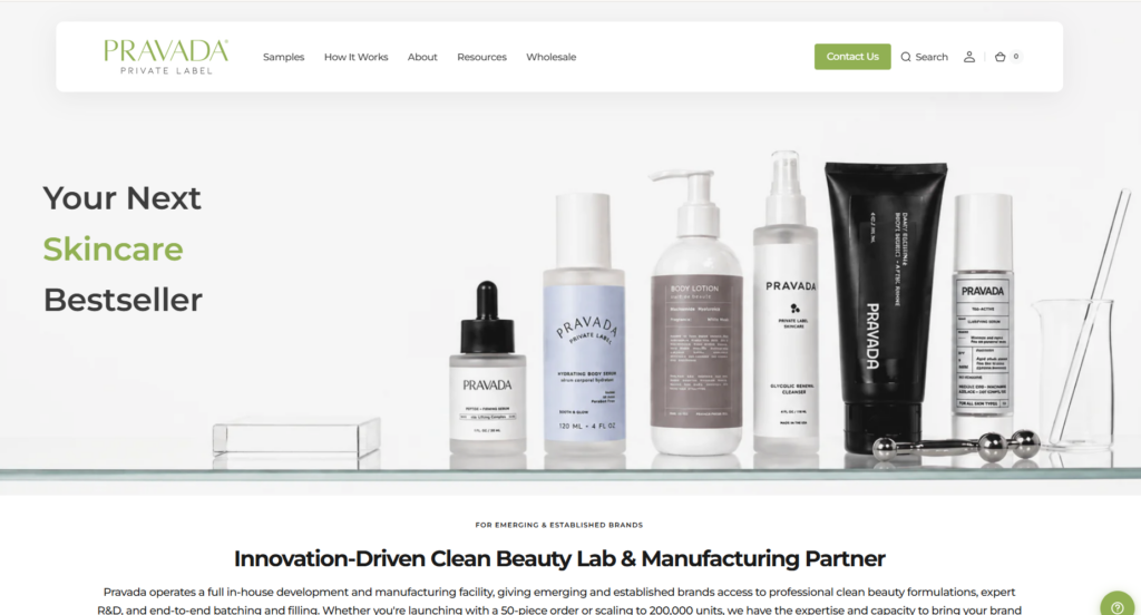 Pravada Private Label is a U.S.-based skincare manufacturer specializing in private label and custom skincare solutions. The company helps beauty brands launch products through ready-to-customize formulations, packaging options, and production support, making it suitable for businesses looking to enter the skincare market with a more streamlined development process.